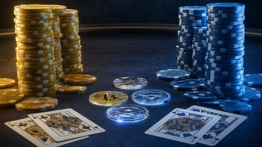 Two stacks of poker chips facing each other on a navy felt table, one lit in warm gold and the other in cool blue