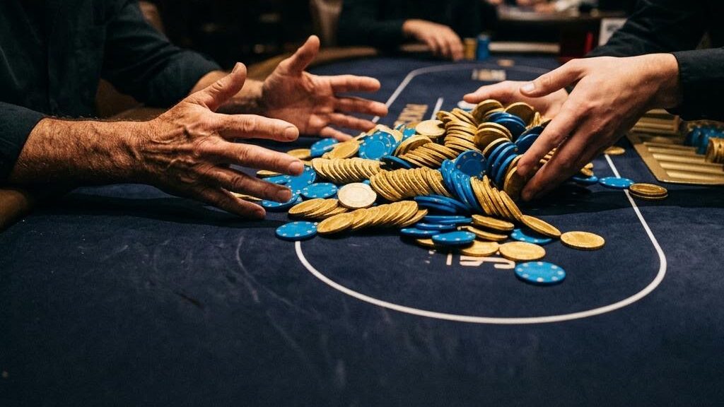 A large pot of poker chips being pushed in full across a dark navy felt table to the winning player