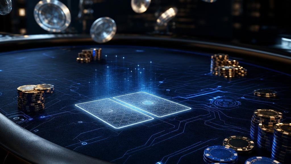 A futuristic poker table with two face-down hole cards glowing under a holographic encryption effect, gold and blue chip stacks in front