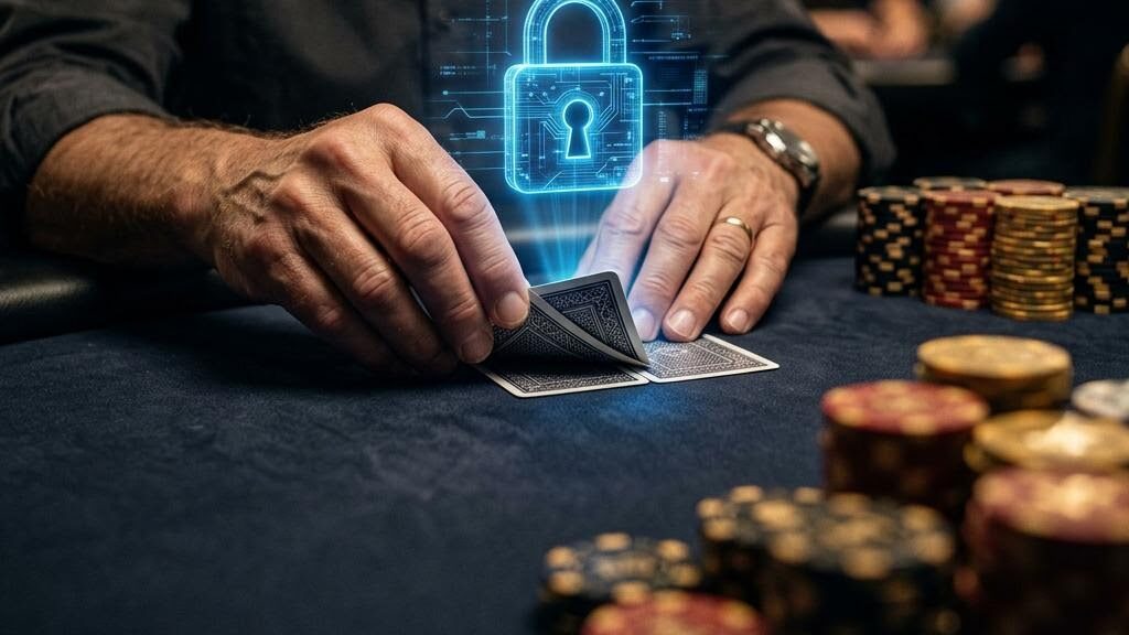 A player lifting the corner of two face-down cards on a navy felt table with a glowing padlock hologram above them
