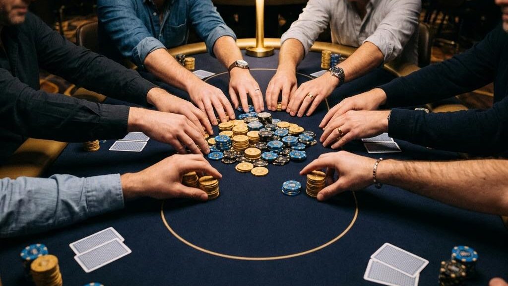 A busy poker table in a dark navy card room with several players pushing chips into a large centre pot